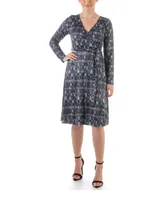 24seven Comfort Apparel Women's Long Sleeve Knee Length Faux Wrap Dress