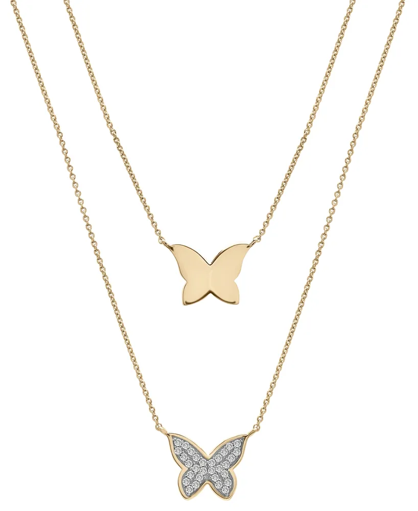 Wrapped Diamond Pave & Polished Butterfly Layered Pendant Necklace (1/6 ct. t.w.) in 10k Gold, 17" + 1" extender, Created for Macy's