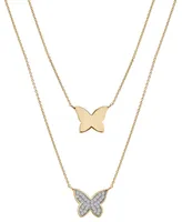 Wrapped Diamond Pave & Polished Butterfly Layered Pendant Necklace (1/6 ct. t.w.) in 10k Gold, 17" + 1" extender, Created for Macy's