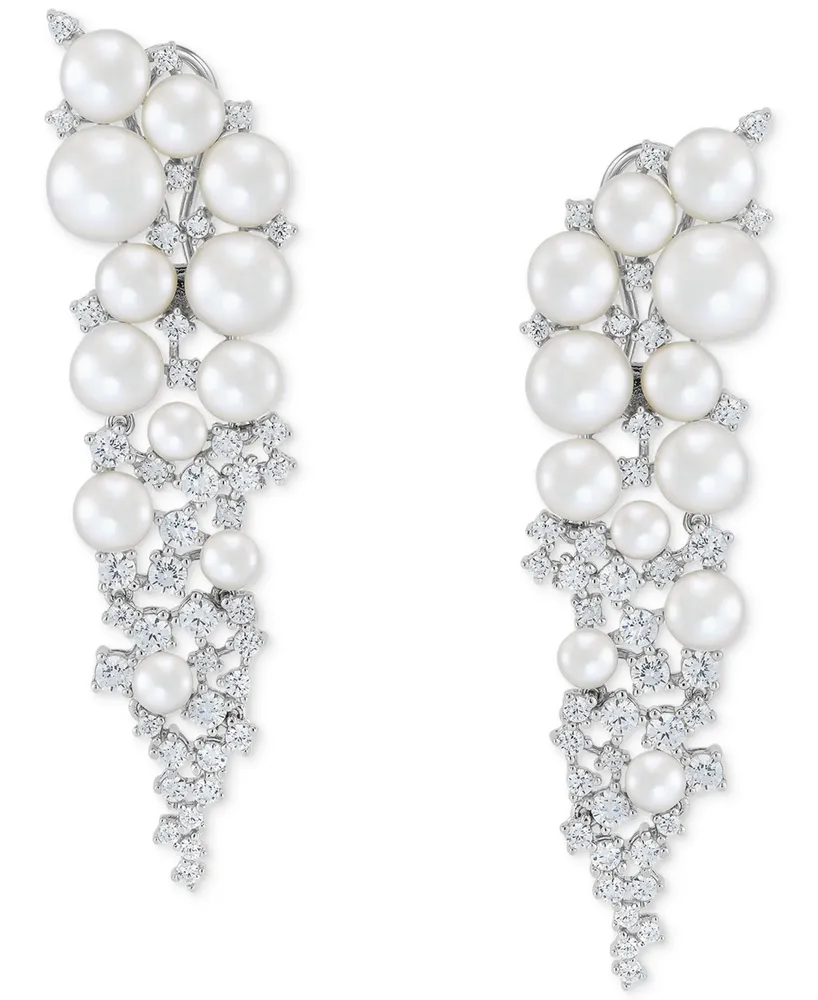 Cultured Freshwater Button Pearl (4 - 8-1/2mm) & Cubic Zirconia Vine Cluster Drop Earrings