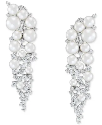 Cultured Freshwater Button Pearl (4 - 8-1/2mm) & Cubic Zirconia Vine Cluster Drop Earrings