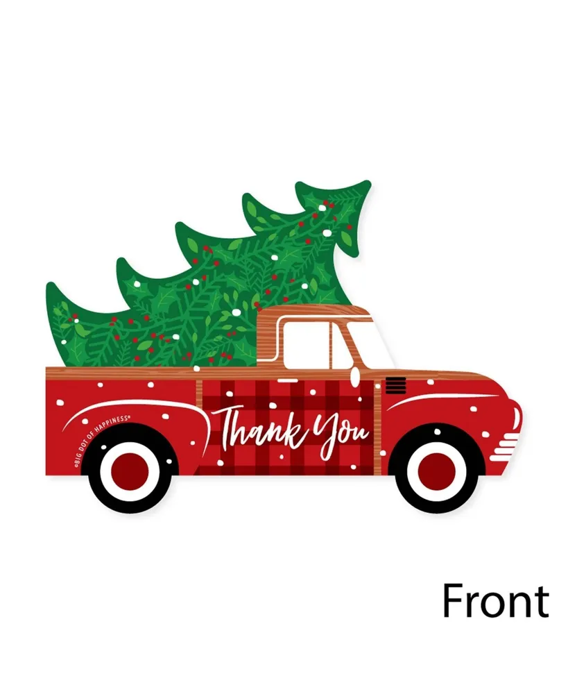 Merry Little Christmas Tree - Red Truck Shaped Thank You Cards & Envelopes 12 Ct