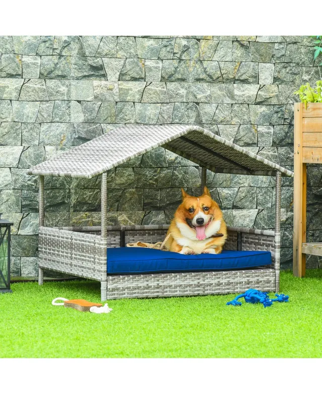 PawHut Rattan Dog Bed, Elevated Pet Sofa, Wicker Cat House, Indoor/Outdoor  Use, for Garden Patio with Foldable Canopy, for S M Pets, Coffee