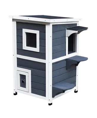 Outdoor Solid Wood 2 Floor Cat Condo Pet House Shelter Gray