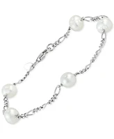 Cultured Freshwater Potato Pearl (6 - 6-1/2mm) Station Figaro Link Bracelet in Sterling Silver