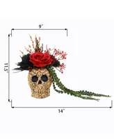 Flora Bunda Halloween Floral Arrangement with Rose String of Pearls in Ceramic Skull, 6.25" - Gold