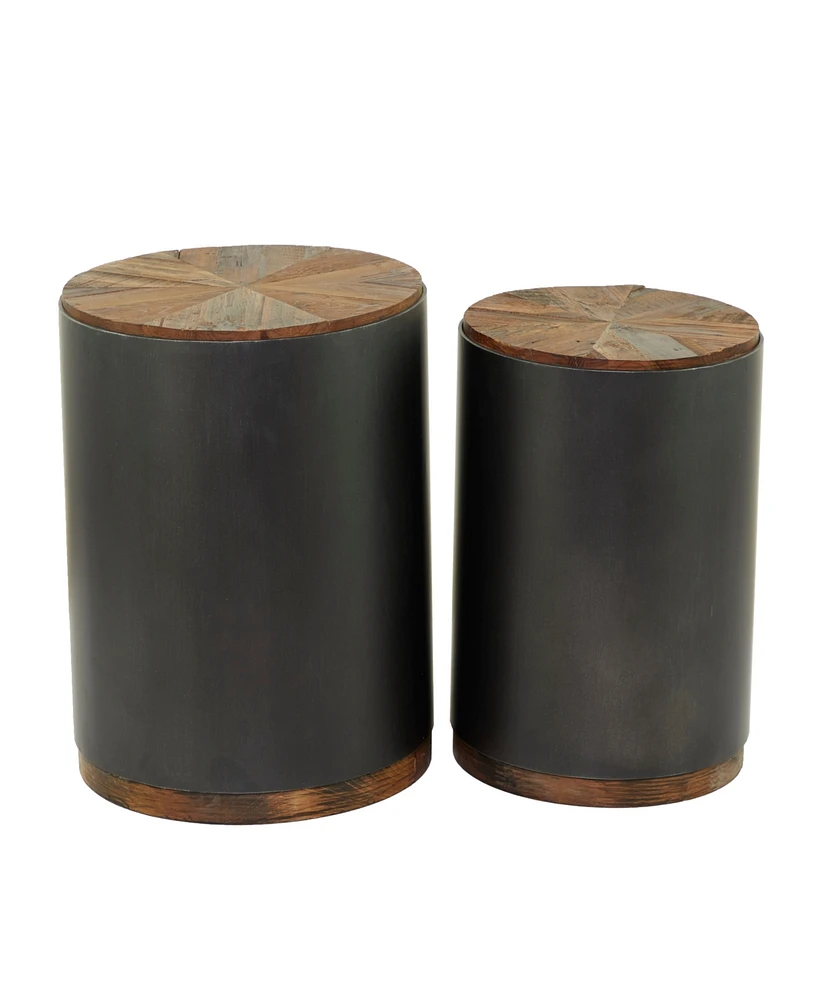 Rosemary Lane 21" and 19" Metal Rustic Accent Table with Brown Wood Top, Set of 2