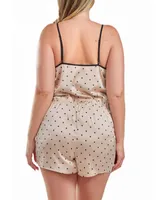 iCollection Kareen Plus Dotted Satin Romper with Button Down Lace Overlay