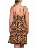 iCollection Chiya Plus Leopard Chemise with Lace Trim and Front Slit