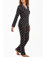 iCollection Women's Tobey Button Down Modal Pajama Pant Set with Pink Contrast Trim, 2 Piece