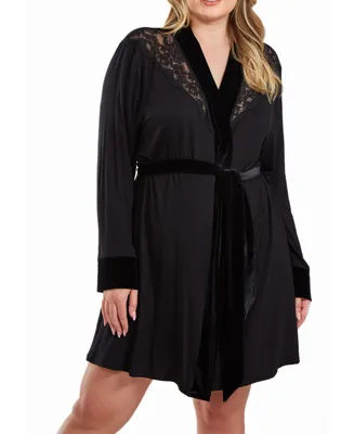 iCollection Layna Plus Velore and Velvet Lace Trimmed Self Tie Robe