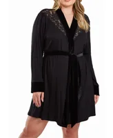 iCollection Layna Plus Velore and Velvet Lace Trimmed Self Tie Robe