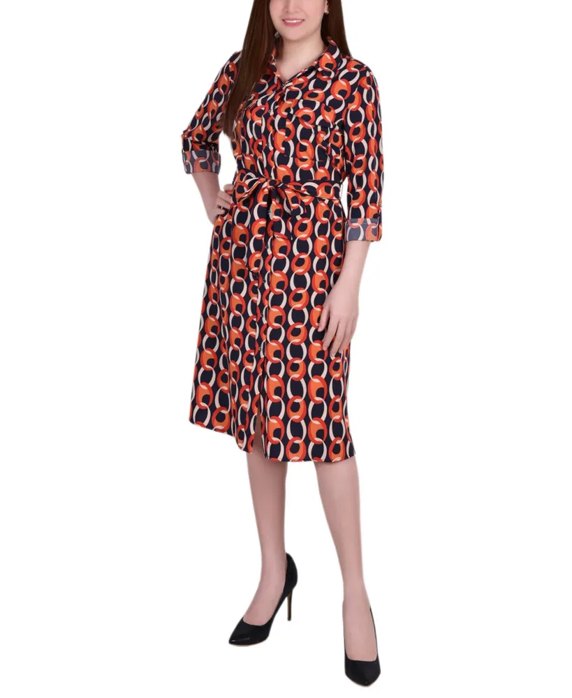 Ny Collection Petite Geometric Printed Long Sleeve Roll Tab Shirtdress