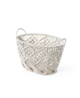 Baum Macrame Oval Cotton Rope Storage Bins with Ear Handles and Wood Base, Set of 3