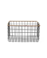 Baum Rectangular Grid Black Wire Baskets with Jute Rim and Fold Down Ear Handles, Set of 3