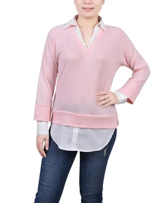 Ny Collection Petite Long Sleeve Two-Fer Top