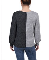 Ny Collection Petite Long Sleeve Twist Front Colorblocked Top