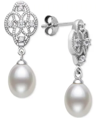 Belle de Mer Cultured Freshwater Pearl (7-8mm) & Lab-Created White Sapphire (1/6 ct. t.w.) Drop Earrings in Sterling Silver