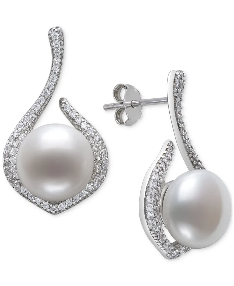 Belle de Mer Cultured Freshwater Button Pearl (10-11mm) & Cubic Zirconia Drop Earrings in Sterling Silver