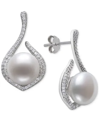 Belle de Mer Cultured Freshwater Button Pearl (10-11mm) & Cubic Zirconia Drop Earrings in Sterling Silver