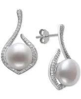 Belle de Mer Cultured Freshwater Button Pearl (10-11mm) & Cubic Zirconia Drop Earrings in Sterling Silver