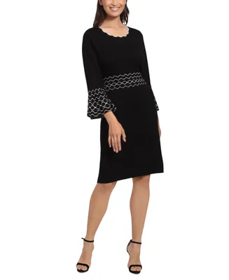 London Times Women's Contrast-Stitch Bell-Sleeve Sweater Dress