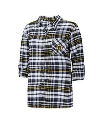 Women's Concepts Sport Black Boston Bruins Mainstay Flannel Full-Button Three-Quarter Sleeve Nightshirt