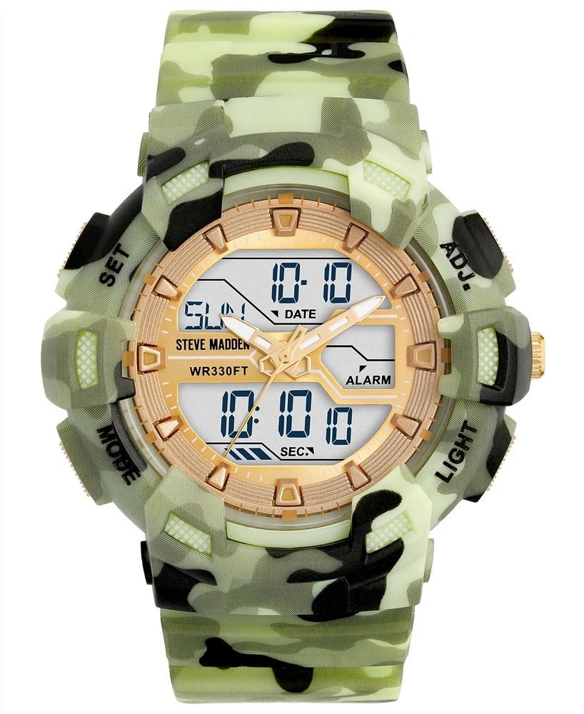 Steve Madden Women's Digital Green Camouflage Pattern Silicone Band Watch, 51mm - Green, Gold