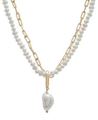 Cultured Freshwater Pearl (2x3mm, 9x10mm) Layered Pendant Necklace in 14k Gold-Plated Sterling Silver, 17" + 1" extender