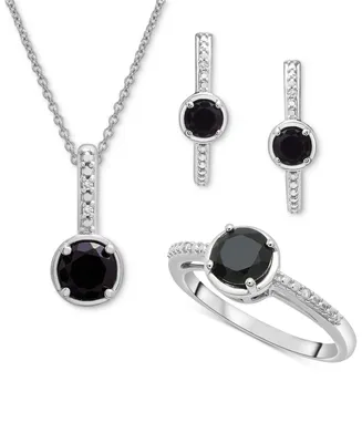 3-Pc. Set Onyx & Diamond Accent Pendant Necklace, Ring and Hoop Earrings in Sterling Silver