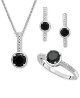 3-Pc. Set Onyx & Diamond Accent Pendant Necklace, Ring and Hoop Earrings in Sterling Silver