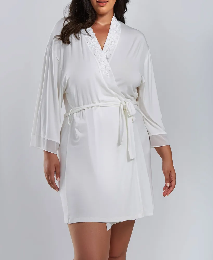 iCollection Cecily Plus Lace Robe with Mesh Trimmed Sleeves and Self Tie Sash
