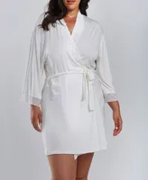 iCollection Cecily Plus Lace Robe with Mesh Trimmed Sleeves and Self Tie Sash