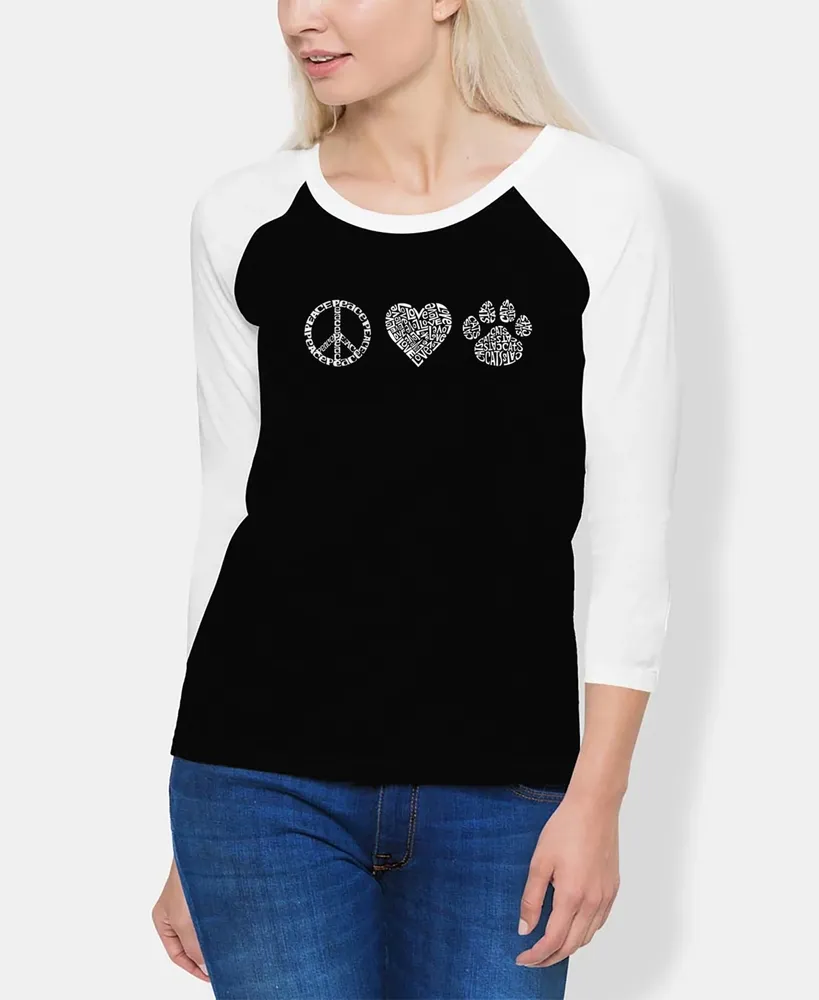 La Pop Art Women's Raglan Peace Love Cats Word T-shirt