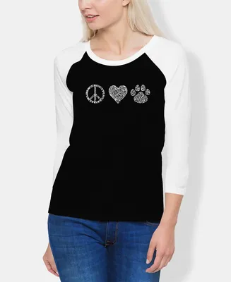La Pop Art Women's Raglan Peace Love Cats Word T-shirt