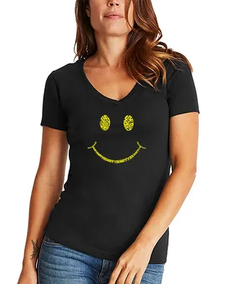 La Pop Art Women's Be Happy Smiley Face Word V-neck T-shirt