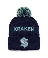 Men's Fanatics Deep Sea Blue, Light Blue Seattle Kraken 2022 Nhl Draft Authentic Pro Cuffed Knit Hat with Pom