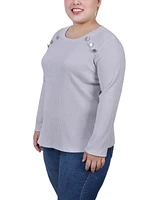 Ny Collection Plus Size Long Sleeve Ribbed Button Detail Top