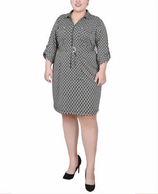 Ny Collection Plus Size Belted Roll Tab Zip Front Shirtdress