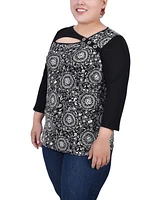 Ny Collection Plus 3/4 Sleeve Puff Print Cutout Top