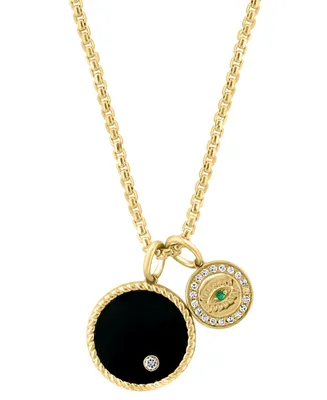 Effy Men's Onyx, Emerald Accent, & Diamond (1/6 ct. t.w.) Two Charm 22" Pendant Necklace in 14k Gold