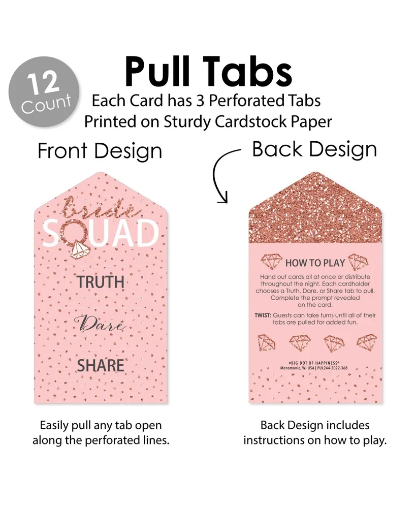 Bride Squad - Rose Gold Party Game Cards - Truth, Dare, Share Pull Tabs - 12 Ct