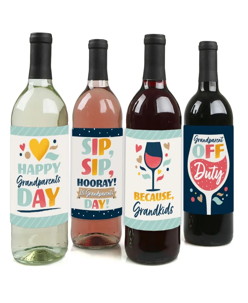 Happy Grandparents Day - Party Decor - Wine Bottle Label Stickers - 4 Ct - Assorted Pre