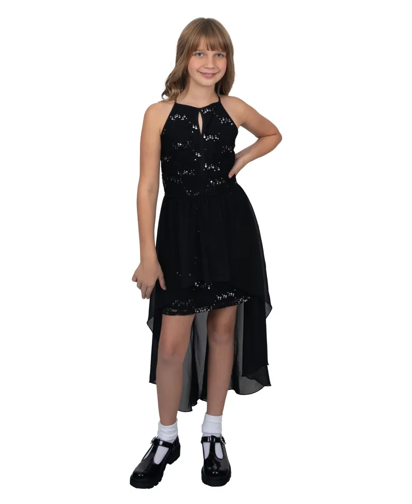 Emerald Sundae Big Girls Sequin Lace with Hi-Low Chiffon Skirt Overlay Dress - Black, Silver