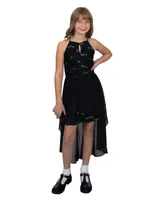 Emerald Sundae Big Girls Sequin Lace with Hi-Low Chiffon Skirt Overlay Dress - Black, Silver