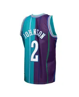 Men's Mitchell & Ness Larry Johnson Teal, Purple Charlotte Hornets Hardwood Classics 1992-93 Split Swingman Jersey