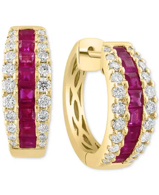 Effy Ruby (1-5/8 ct. t.w.) & Diamond (3/4 ct. t.w.) Small Hoop Earrings in 14k Gold, 0.72"