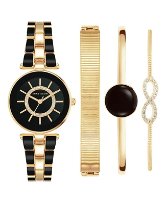 Anne Klein Women's Gold-Tone Alloy Bracelet with Black Enamel and Crystal Accents Fashion Watch 34mm Set 4 Pieces