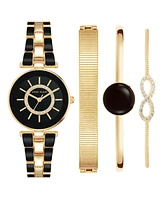 Anne Klein Women's Gold-Tone Alloy Bracelet with Enamel and Crystal Accents Fashion Watch 34mm Set 4 Pieces