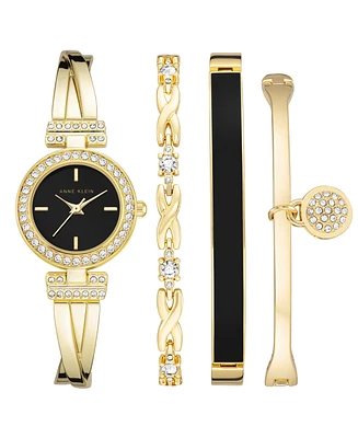 Anne Klein Women's Gold-Tone Alloy Bangle with Crystal Accents Fashion Watch 37mm Set 4 Pieces - Gold